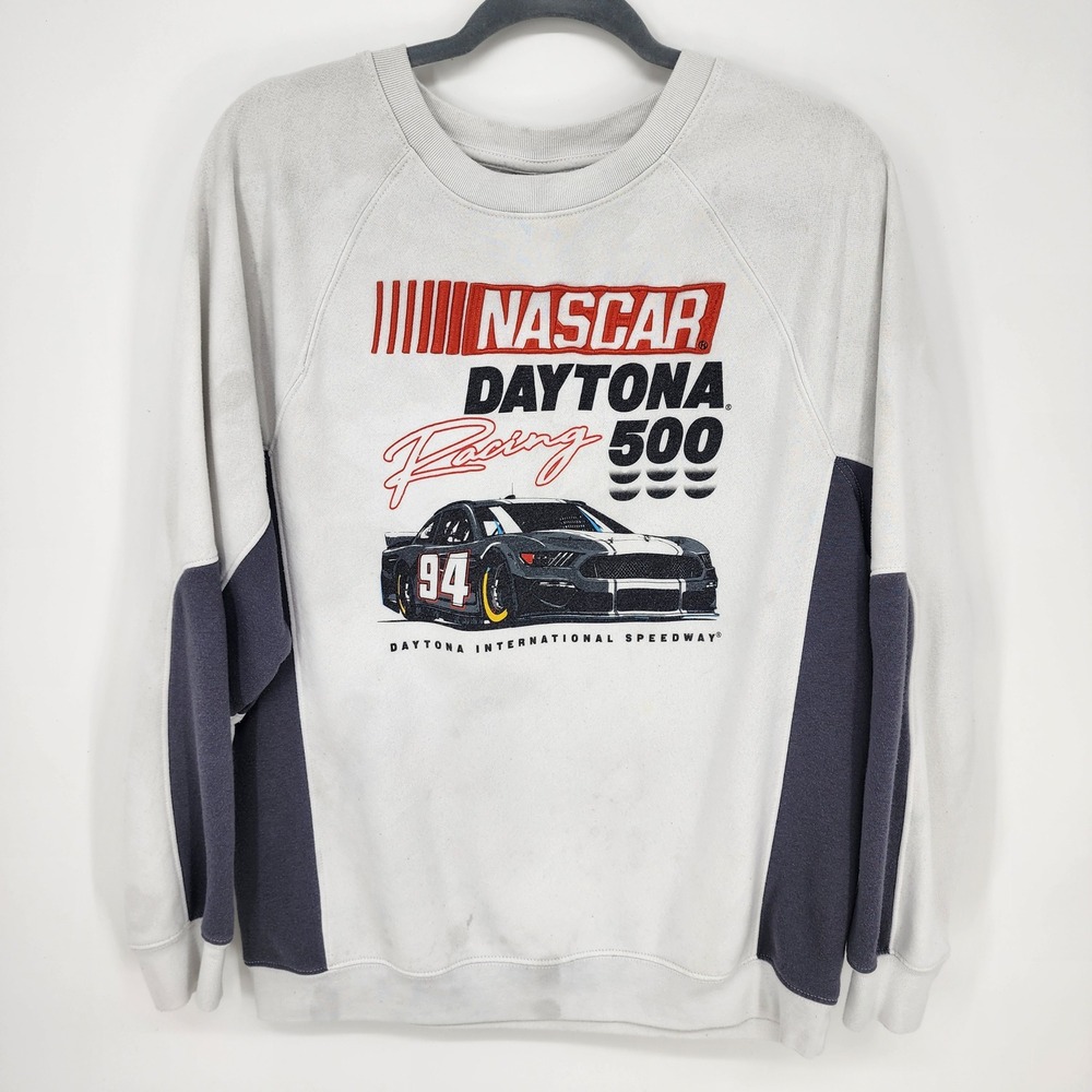 NASCAR Daytona 500 Graphic Sweatshirt Mens Size Large White Distressed Thrashed